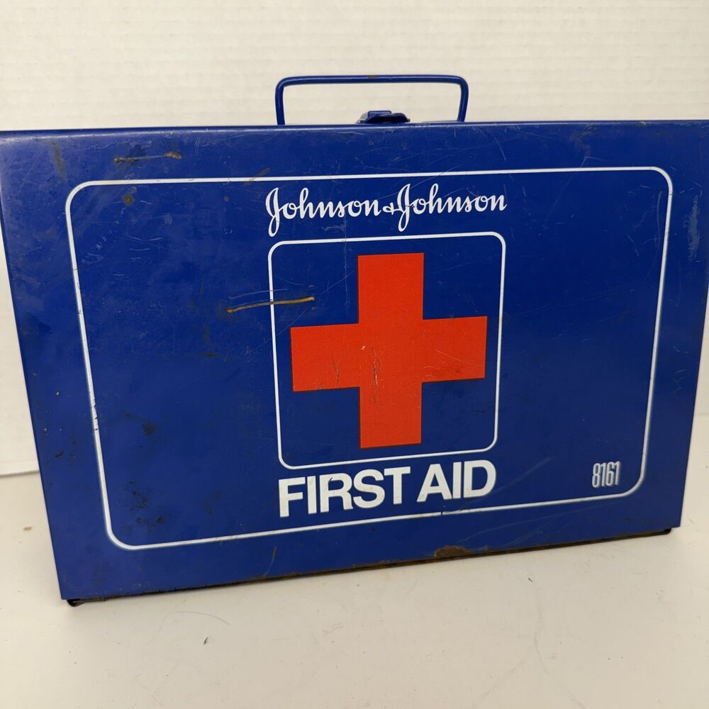 Vintage Wall Mount Johnson & Johnson First Aid Kit Metal Box #8161 Full Supplies